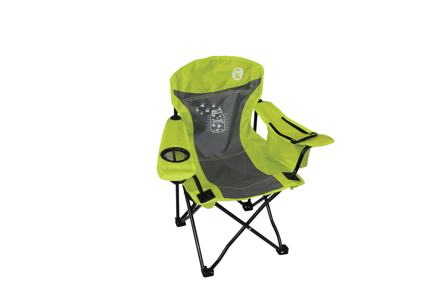 COLEMAN ™ Fyrefly Green Kids Chair, Glow in the Dark, Padded Back Rest, Foldable, Locking Frame, Insulated Arm Cooler, Mesh Drink Holder, Storage Pocket, Compact Quad Design, 600D Polyester, Carry Bag with Shoulder Strap