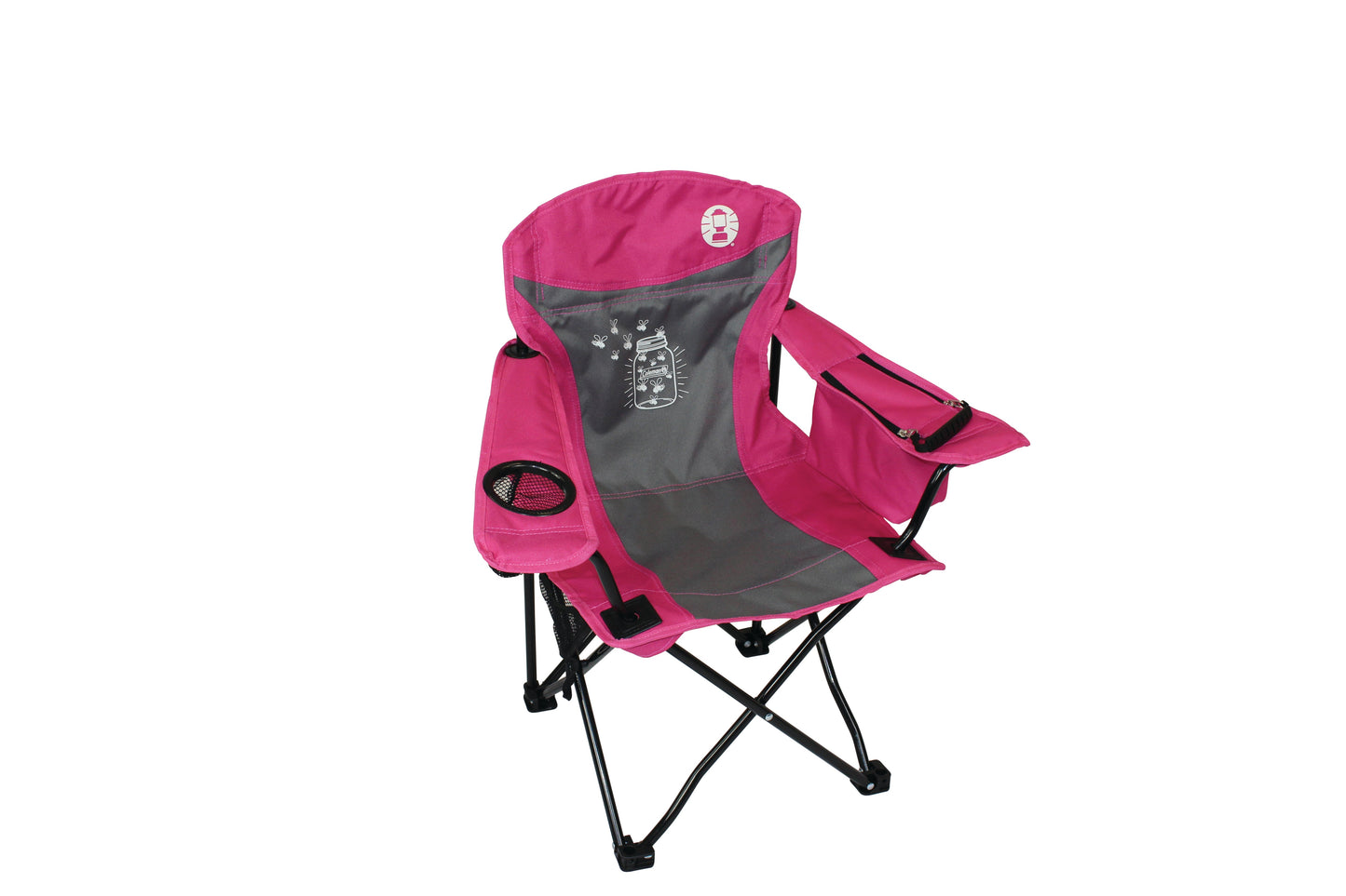 COLEMAN ™ Fyrefly Pink Kids Chair, Glow in the Dark, Padded Back Rest, Foldable, Locking Frame, Insulated Arm Cooler, Mesh Drink Holder, Storage Pocket, Compact Quad Design, 600D Polyester, Carry Bag with Shoulder Strap