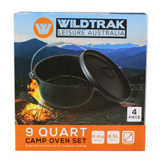 Wildtrak™ 4pc Camp Oven Set - 9 Quart Heavy Duty Pre-Seasoned Round Cast Iron Camp Oven, Lid Lifter, Wire Trivett and Canvas Carry Bag