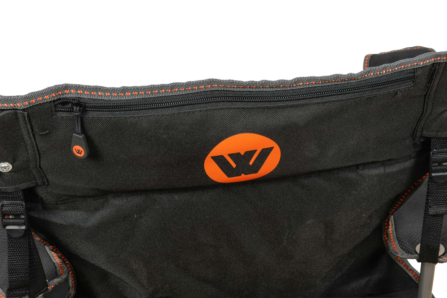 Wildtrak™ Valley Event Chair with Large Storage Pocket, Drink Holder, Cushioned Back, Adjustable Arm, High-Tensile Steel Frame, Weight Rated 120kg, Headrest Storage Pocket, Carry Bag with Shoulder Strap
