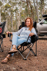 Wildtrak™ DELUXE Yardie Foldable Arm Chair with Shoulder Strap, Built-in Cooler Storage, Drink Holder, Wine Glass Holder