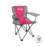 WILDTRAK™ KIDZ Pink/Grey Foldable Camp Chair, Easy Clean Fabric, Drink Holder, Locking Device to Secure Legs into Place, Weight Rated 100kg, Carry Bag with Shoulder Strap