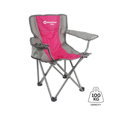 WILDTRAK™ KIDZ Pink/Grey Foldable Camp Chair, Easy Clean Fabric, Drink Holder, Locking Device to Secure Legs into Place, Weight Rated 100kg, Carry Bag with Shoulder Strap