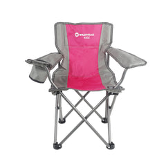 WILDTRAK™ KIDZ Pink/Grey Foldable Camp Chair, Easy Clean Fabric, Drink Holder, Locking Device to Secure Legs into Place, Weight Rated 100kg, Carry Bag with Shoulder Strap