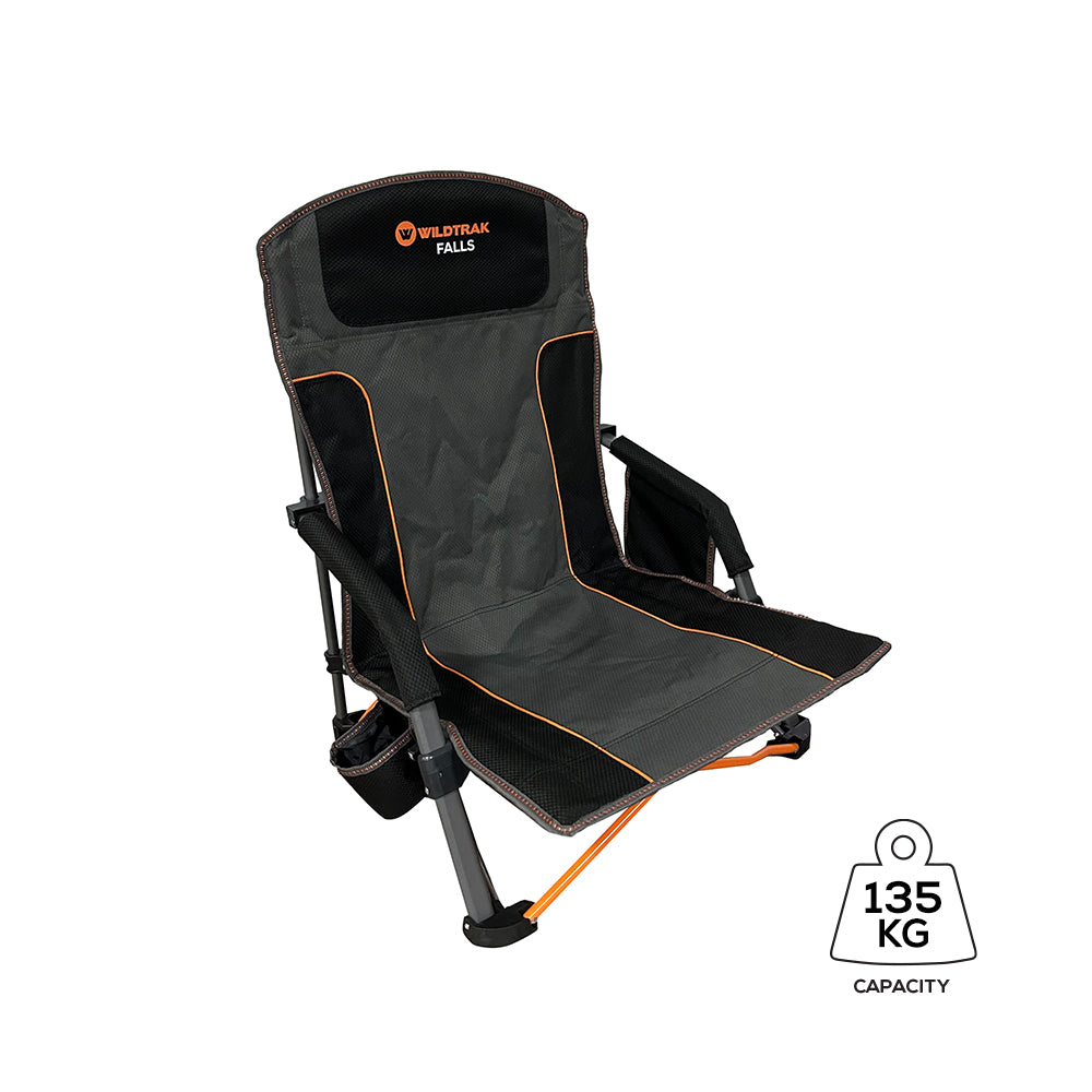 WILDTRAK™ Falls Event Foldable Camp Chair, Slight Recline, Cushioned Seat & Back Rest, High Back, Drink Holder, Media Storage Pocket, Padded Arms, Low Rise, Weight Rated 135kg, Carry Bag with Shoulder Strap