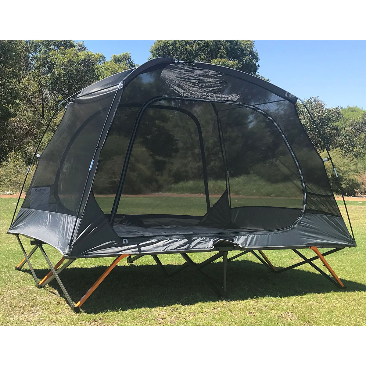 Wildtrak™ Easy Up Queen Stretcher Tent, Powder Coated Steel Frame, Ultra-fine Mesh, 2 Large Vestibules, Internal pockets, Mesh Storage Shelf, Ripsop Waterproof Fly, Heavy Duty Carry Bag with Handles (200x144x150cm)
