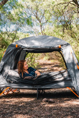 Wildtrak™ Easy Up Queen Stretcher Tent, Powder Coated Steel Frame, Ultra-fine Mesh, 2 Large Vestibules, Internal pockets, Mesh Storage Shelf, Ripsop Waterproof Fly, Heavy Duty Carry Bag with Handles (200x144x150cm)