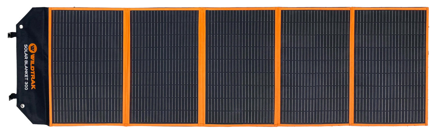 Wildtrak™ 300W Folding Solar Blanket (A-Grade with ETFE Coating, Built in Stand, IP65 Waterproof & Carry Bag) for Off-Grid Living, Camping, 4WD & Caravan Adventures