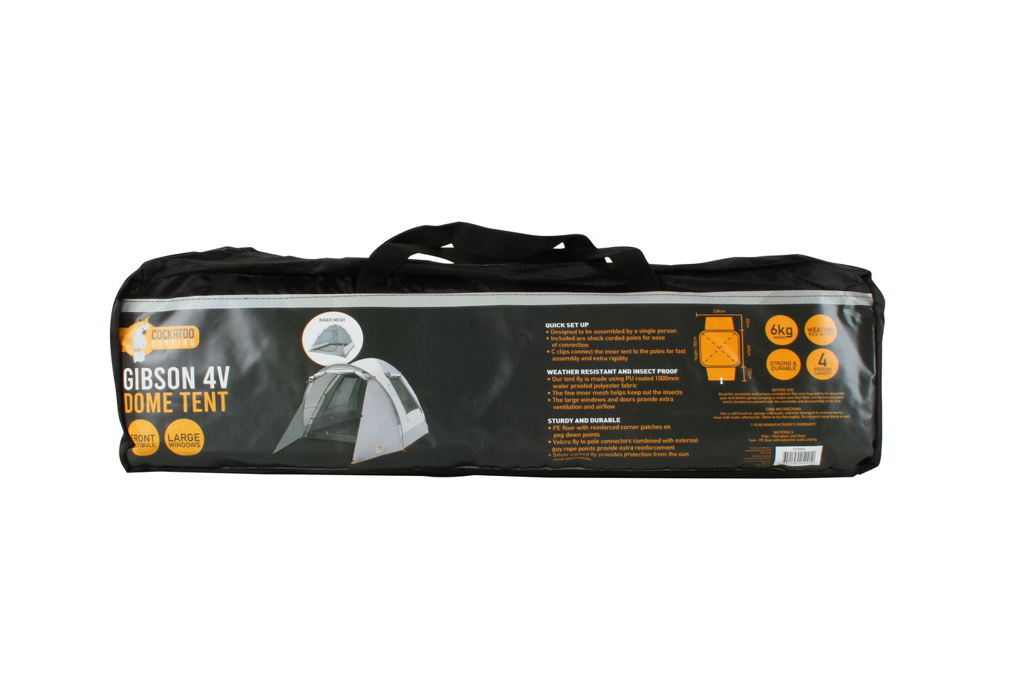Cockatoo Camping™ 4Person Dome Tent, Ultrafine Inner Mesh, PU Silver Coated 1000mm Waterproof Fly, Large Windows, Includes Carry Bag with Handles (240 x 220cm with Vestibule Front & Rear)