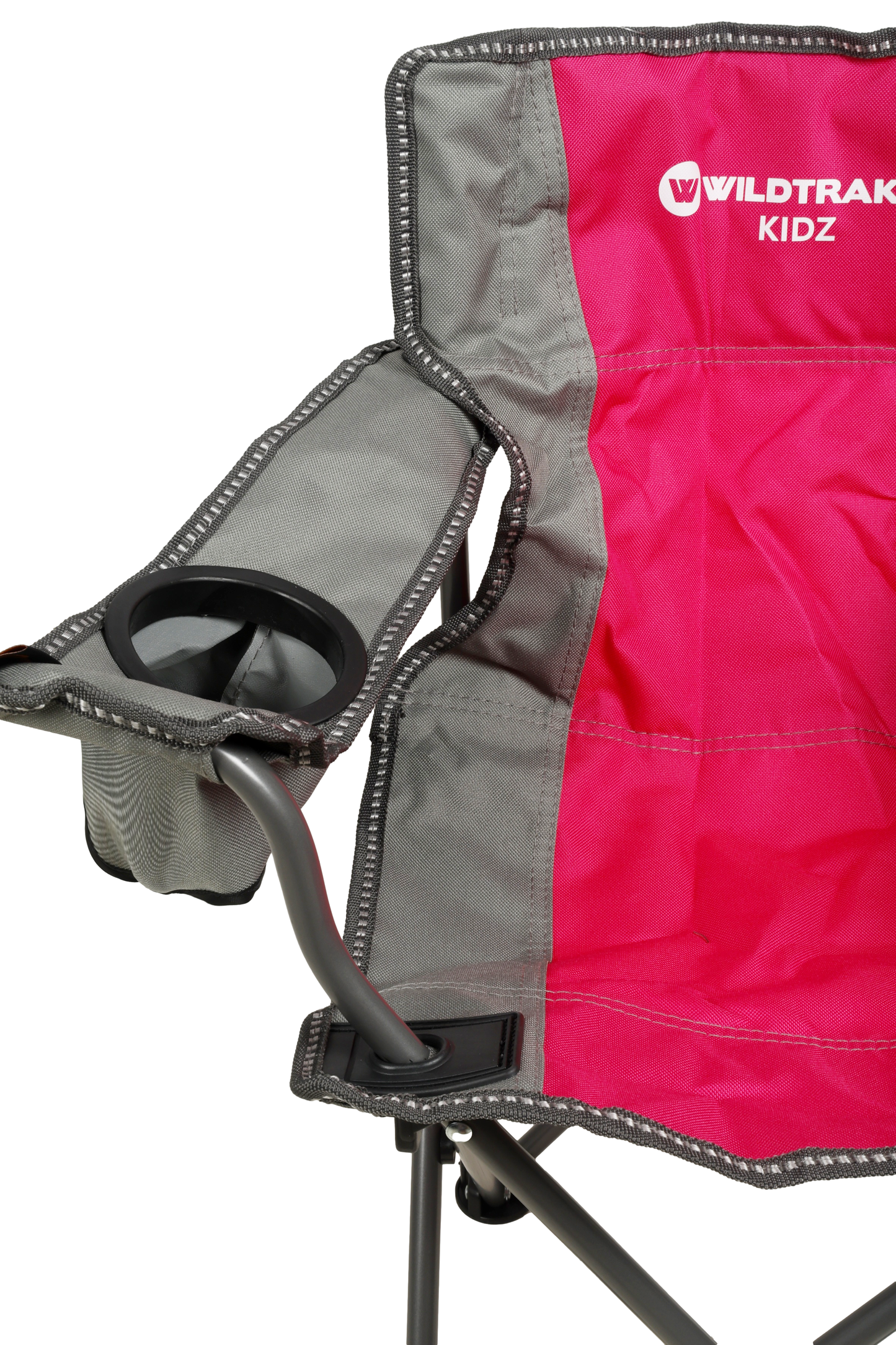 WILDTRAK™ KIDS Pink/Grey Foldable Camp Chair, Easy Clean Fabric, Drink Holder, Locking Device to Secure Legs into Place, Weight Rated 100kg, Carry Bag with Shoulder Strap