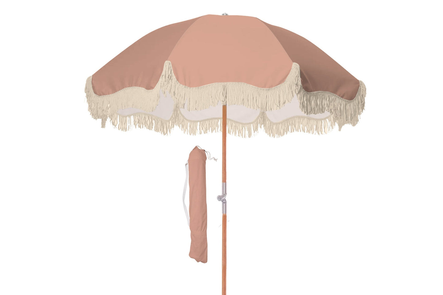 Good Vibes™ 1.75m Premium 100% Canvas Beach Umbrella, UV50+, Wood Pole, Cotton Tassels, Tilting Mechanism, Sand Screw - Terracotta Blush