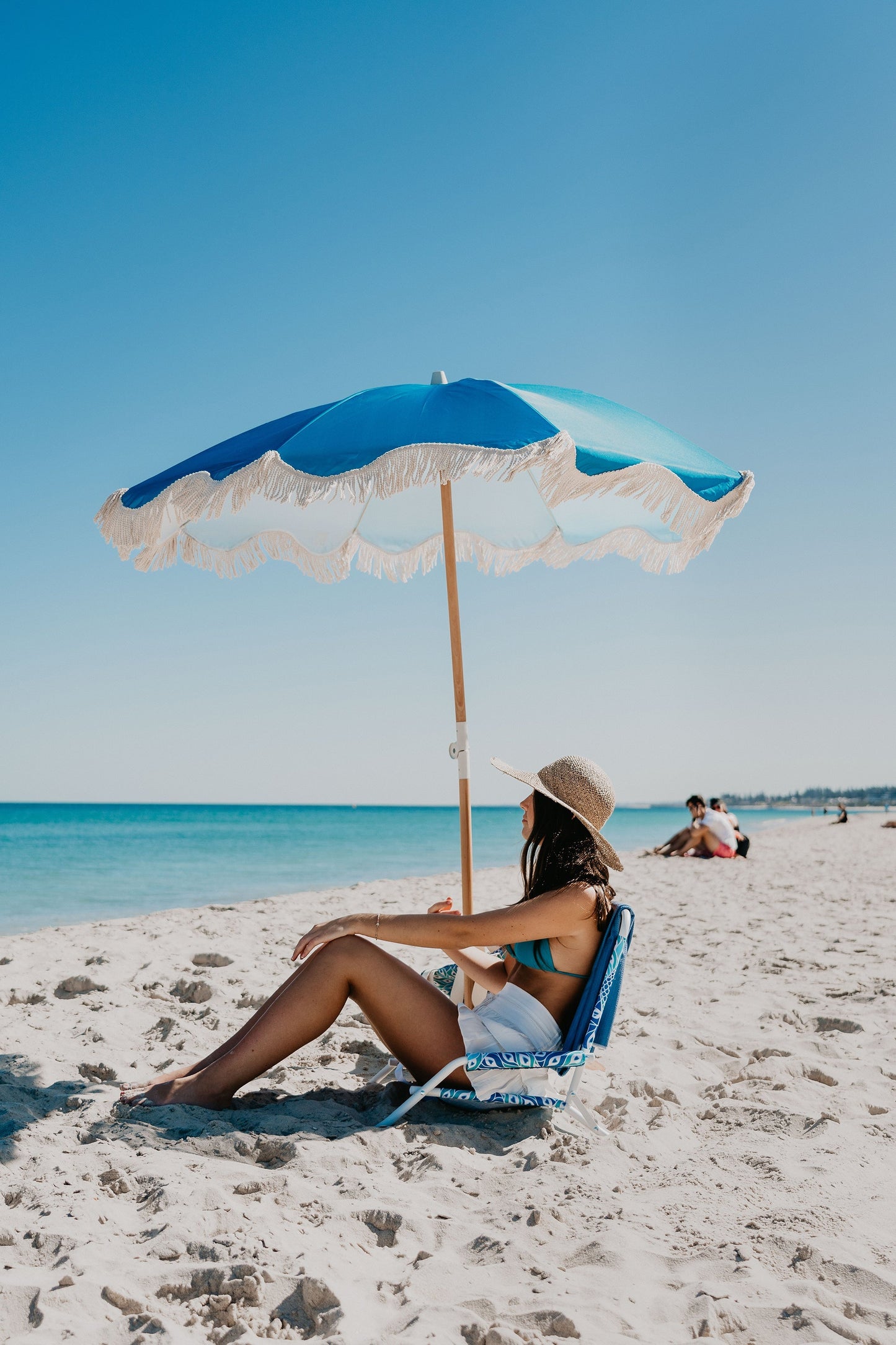 Good Vibes™ 1.75m Premium 100% Canvas Beach Umbrella, UV50+, Wood Pole, Cotton Tassels, Tilting Mechanism, Sand Screw - Peacock Paradise