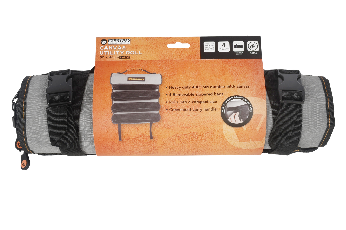Wildtrak™ Large Hangable Camping Storage Organiser Utility Roll for Toiletries, Kitchen Utensils, Tools & More - 400gsm Ripstop Canvas (60x40cm)