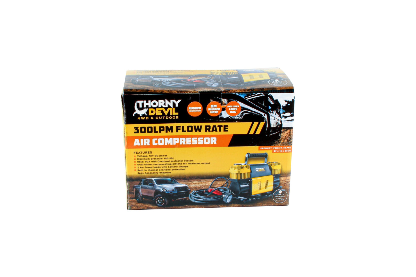 300LPM Flow Rate Air Compressor, 12V DC Power, 150 PSI Max Pressure, 24m Fused Leads with Battery Clamps, 3 Accessory Adaptors, Dual 60mm Reciprocating Pistons, 8m Rubber Hose Includes Carry Bag