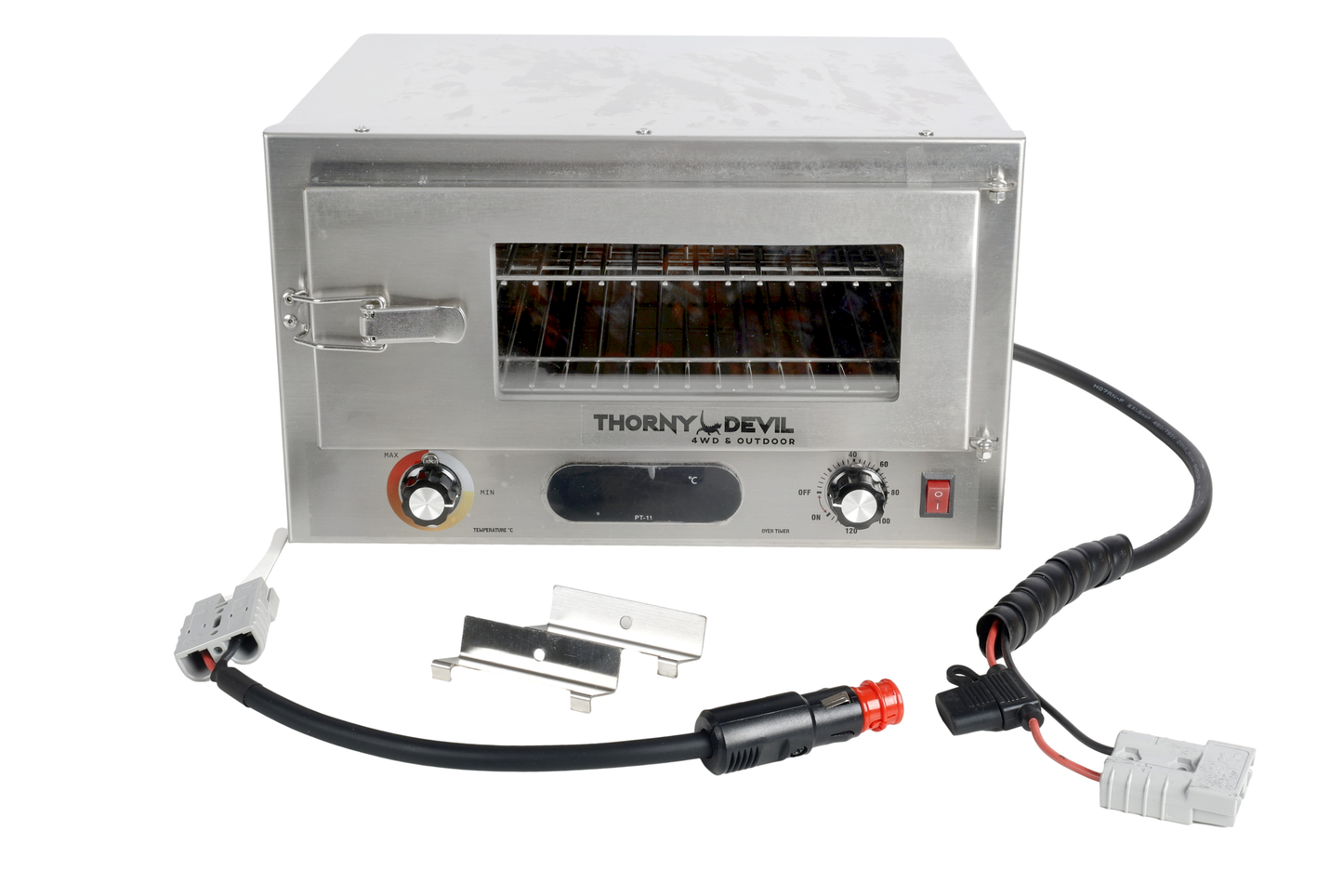 Thorny Devil™ 12V Digital Camping 4WD Travel Oven with Digital Thermometer, Timer, Internal Light, Removable Shelves, Mounting Brackets (Stainless Steel Casing & Fibreglass Insulation)
