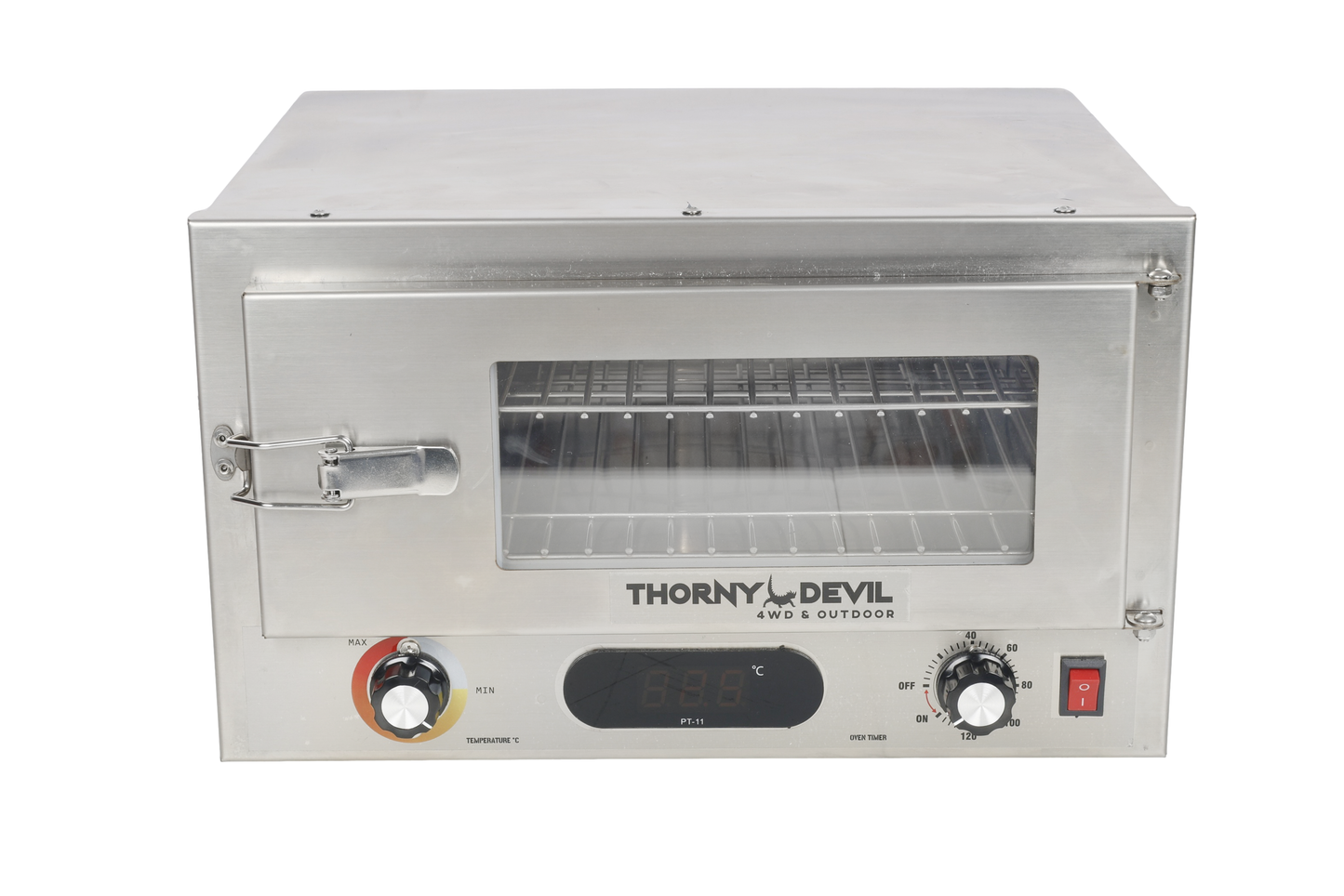 Thorny Devil™ 12V Digital Camping 4WD Travel Oven with Digital Thermometer, Timer, Internal Light, Removable Shelves, Mounting Brackets (Stainless Steel Casing & Fibreglass Insulation)