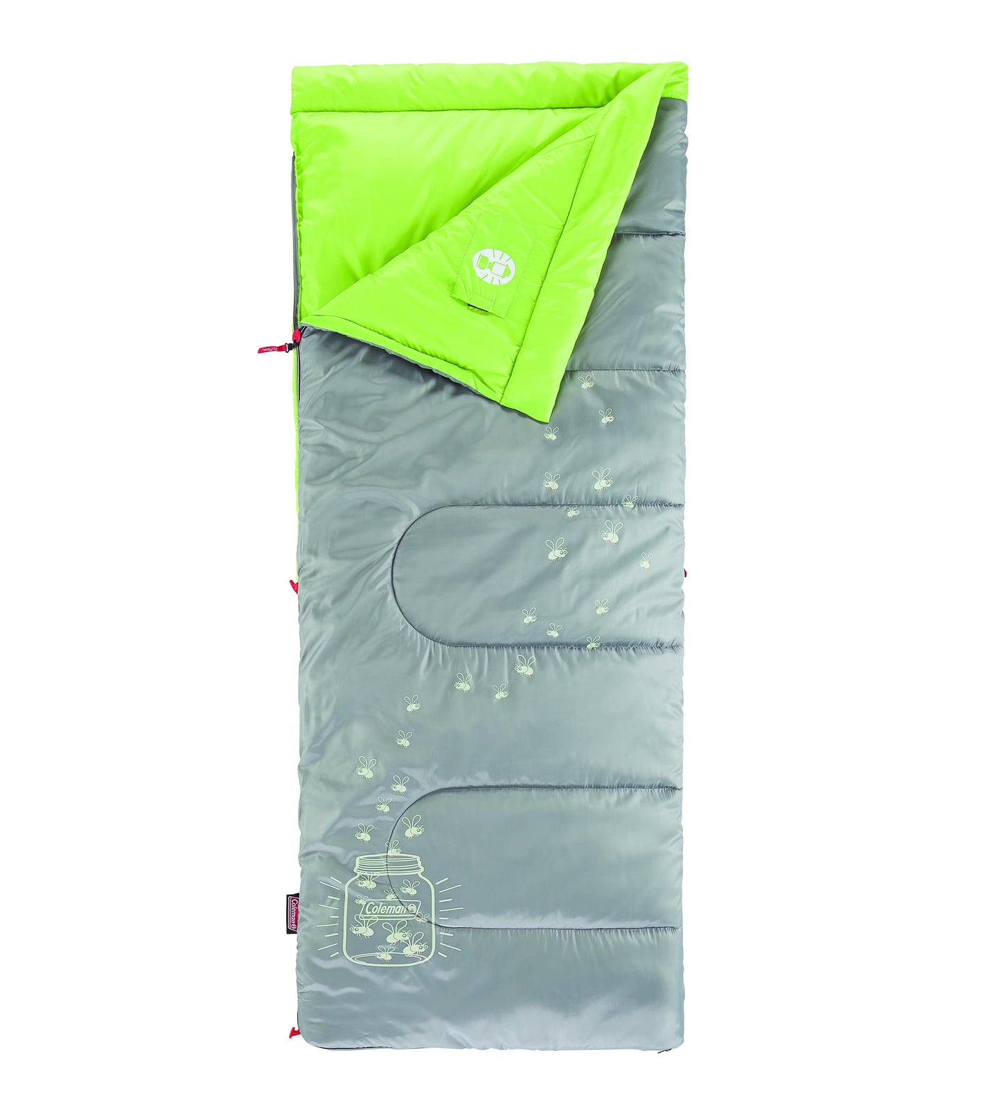 Coleman™ Green Fyrefly Kids Sleeping Bag, Comfort Cuff, ThermoTech® Insulation, Glow in the Dark, Interior pocket, Temp Rating: 7°C, Machine Washable, Max User Height 152cm, 167 x 66 cm