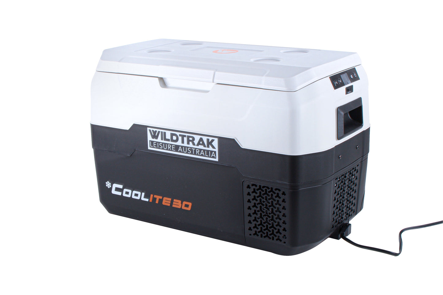 Wildtrak™ Coolite 30L Portable Fridge/Freezer, Simple Control Buttons, LED Lights, Fast Freezing, USB Charging, Quality Compressor, Low Noise, 4 Cup Blow Mould Top, 12/240V Power Leads, Built-in Tie Down Points, Heavy Duty Transit Bag