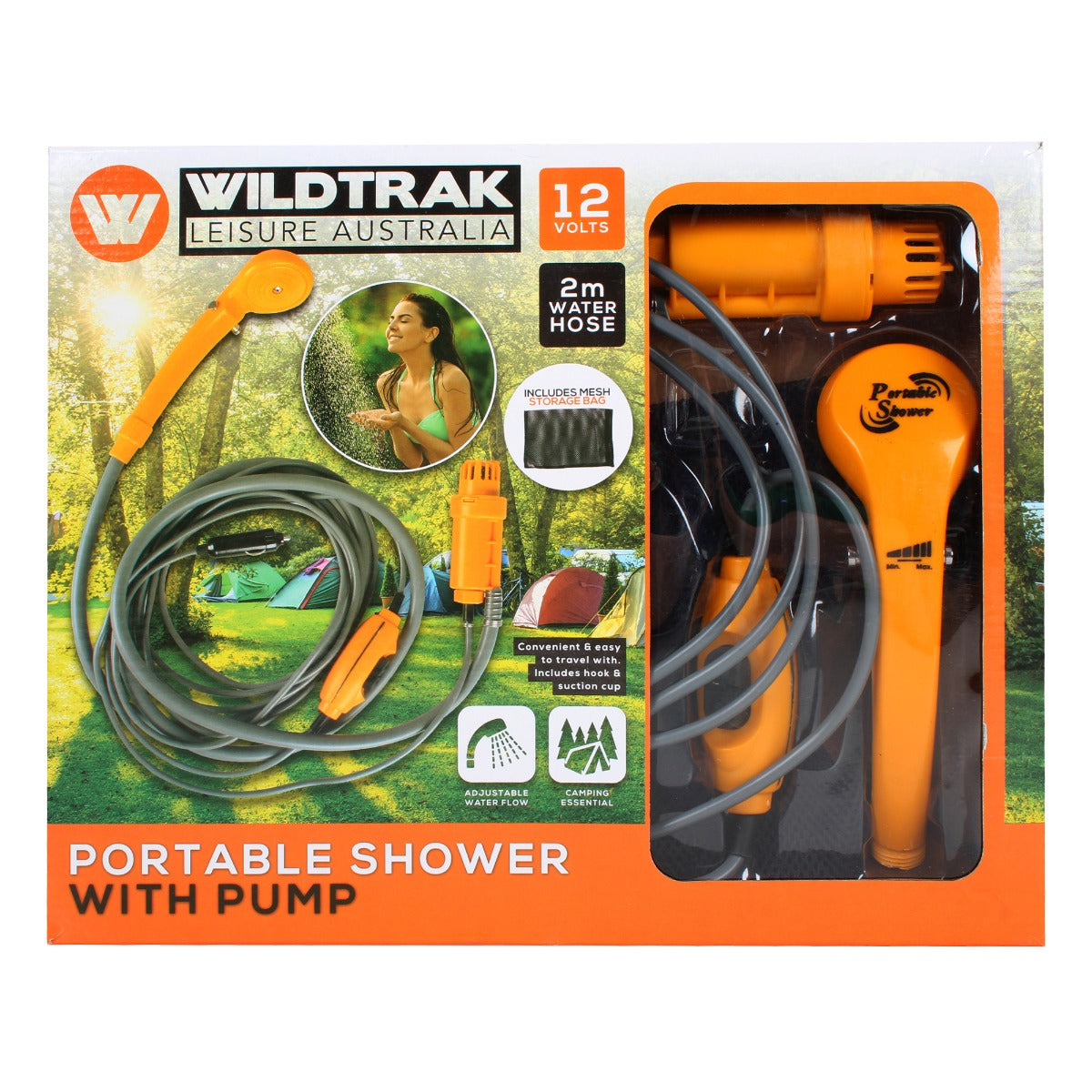 Wildtrak™ 12V Portable Camp Shower, 2m Hose, Adjustable Flow