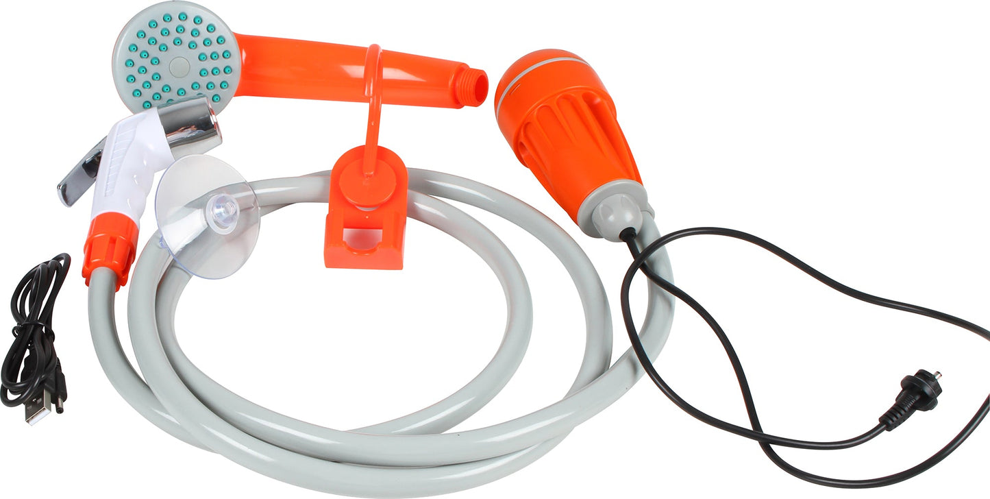 12Volt Rechargeable Camp Shower, Submersible Pump, Adjustable Water Pressure, 2m Hose, 5m Cable, 12V Car Cigarette Socket, S Hook
