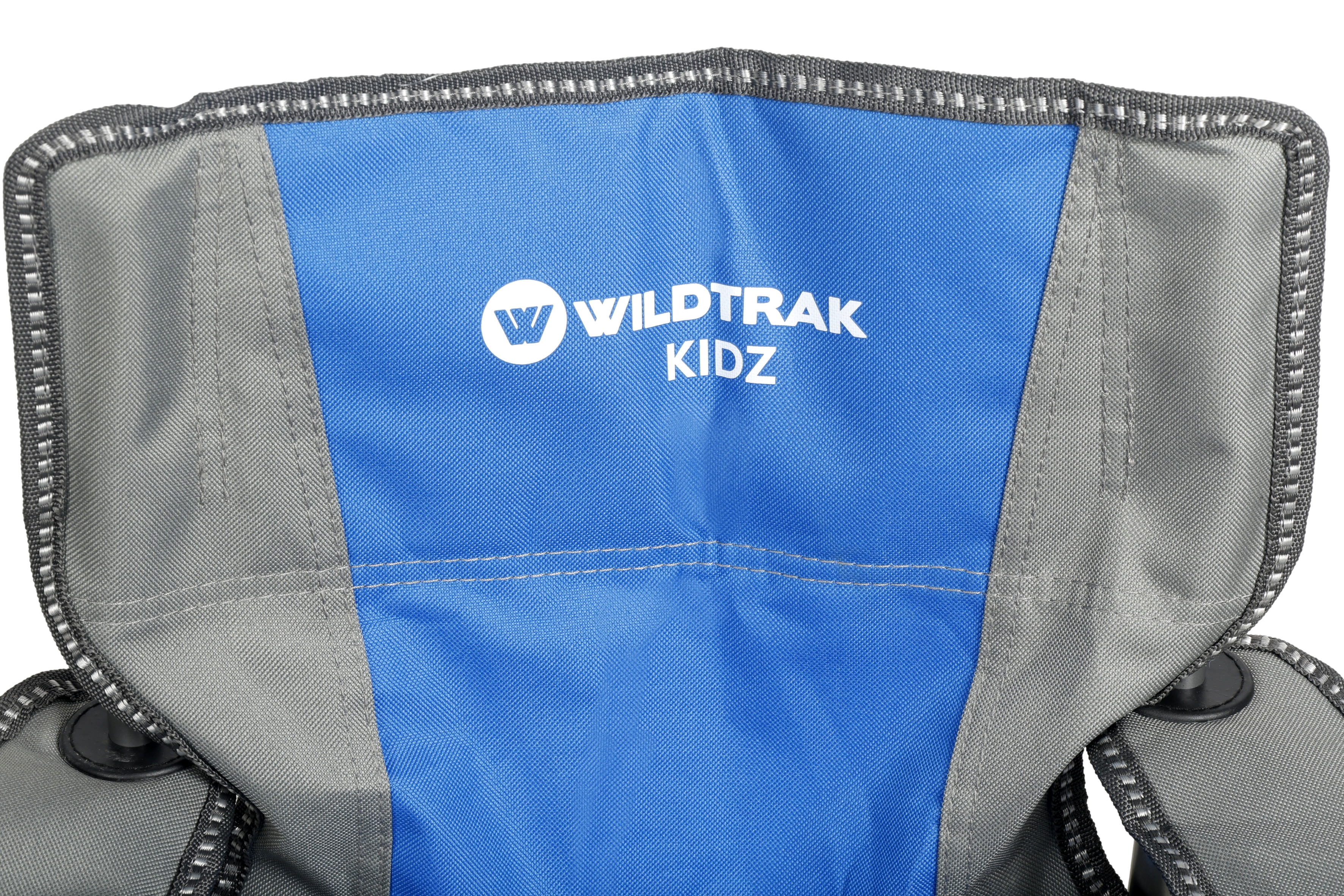 WILDTRAK™ KIDZ Blue/Grey Foldable Camp Chair, Easy Clean Fabric, Drink Holder, Weight Rated 100kg, Carry Bag with Shoulder Strap
