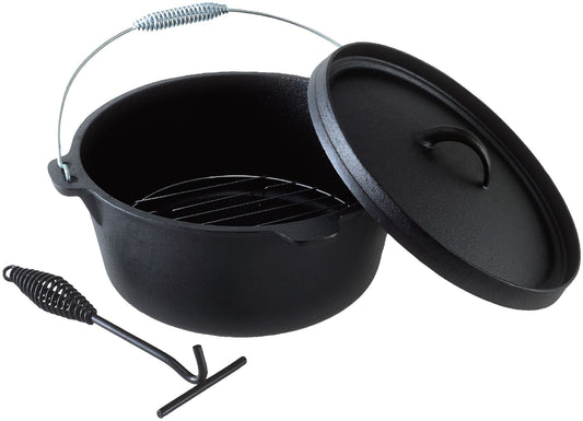 Wildtrak™ 4pc Camp Oven Set - 9 Quart Heavy Duty Pre-Seasoned Round Cast Iron Camp Oven, Lid Lifter, Wire Trivett and Canvas Carry Bag