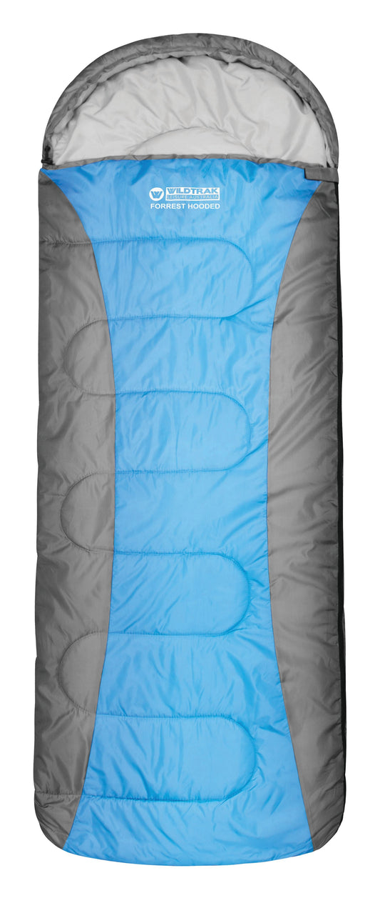 Wildtrak™ Forrest Hooded Sleeping Bag, 5-10°C, Breathable Lining, Ripstop Fabric, Auto Lock Zips, Sewn-in Storage Pocket, Hanging Loop, Storage Bag, 75x230cm