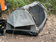 Wildtrak™ Augustus 1100 Easy Setup Swag 400gsm Heavy Duty Ripstop Canvas, Ultra Fine Mesh, Aluminium Poles, High Density Foam Mattress, Weatherproof, Durable, Carry Bag with Handles 110x215cm