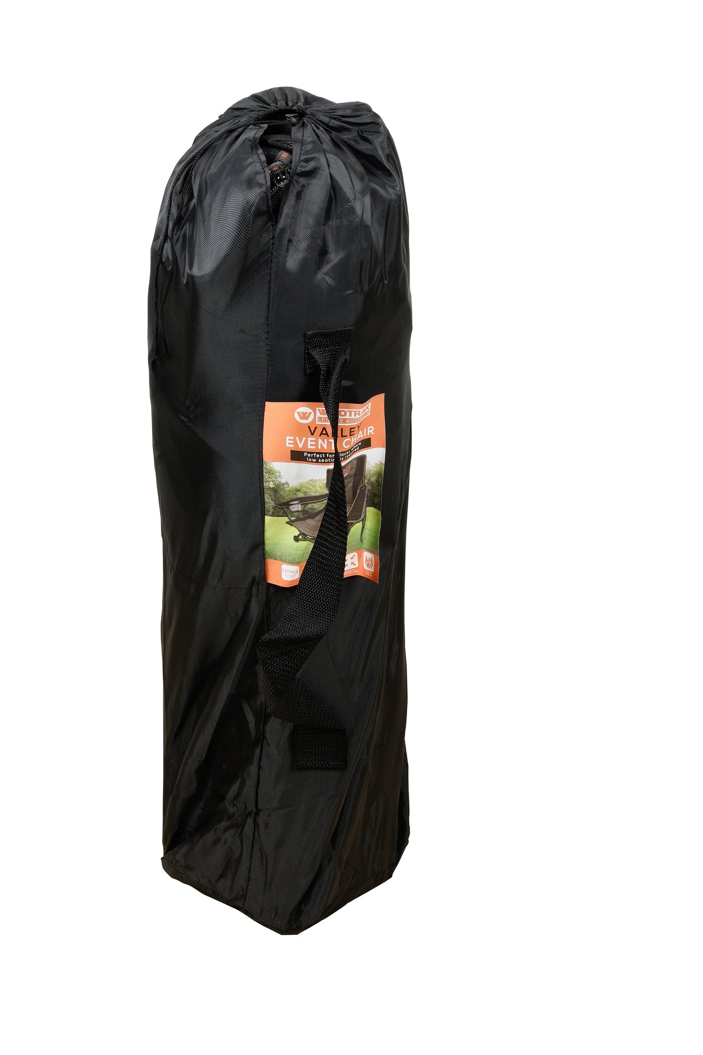 Wildtrak™ Valley Event Chair with Large Storage Pocket, Drink Holder, Cushioned Back, Adjustable Arm, High-Tensile Steel Frame, Weight Rated 120kg, Headrest Storage Pocket, Carry Bag with Shoulder Strap