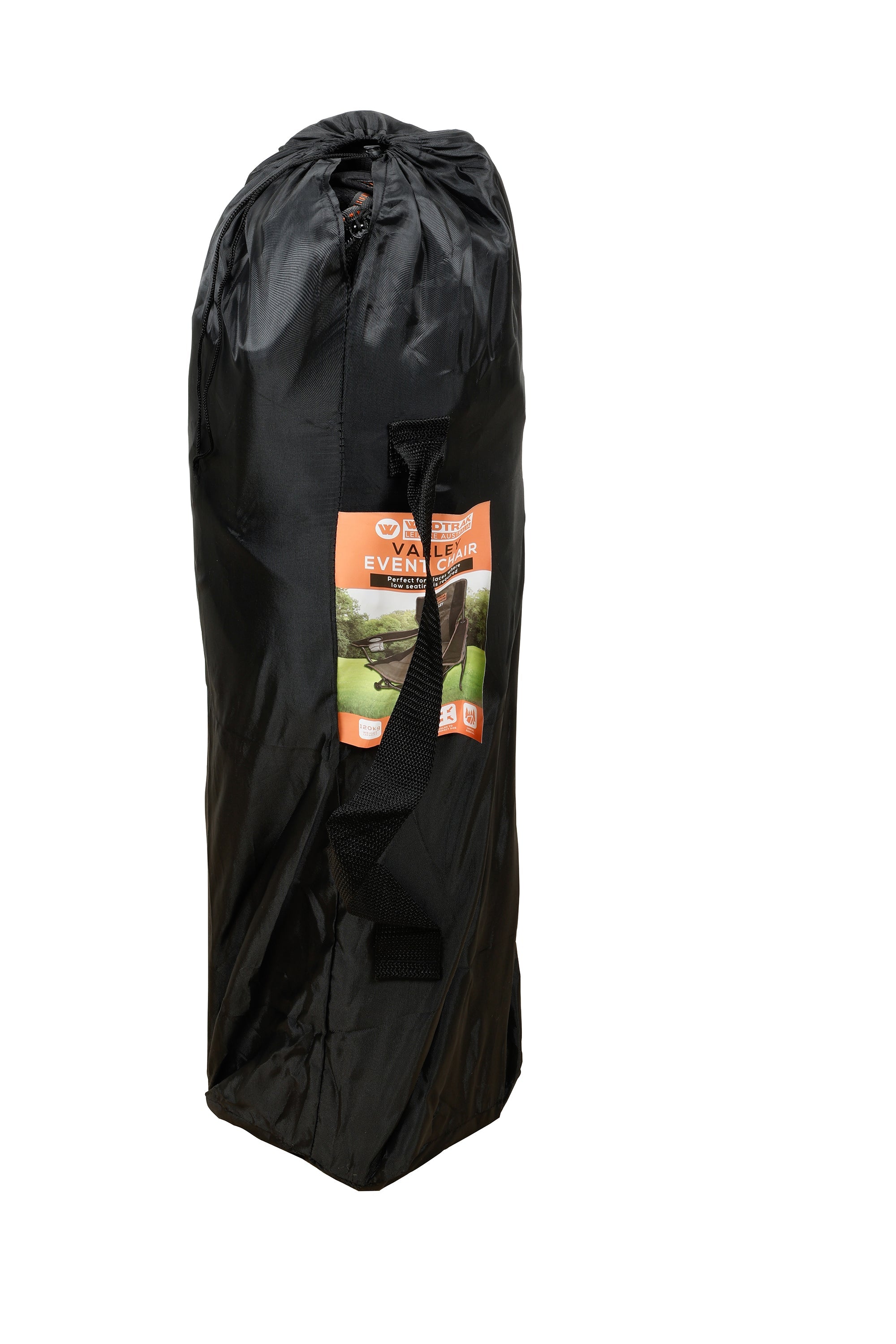 Wildtrak™ Valley Event Chair with Large Storage Pocket, Drink Holder, Cushioned Back, Adjustable Arm, High-Tensile Steel Frame, Weight Rated 120kg, Headrest Storage Pocket, Carry Bag with Shoulder Strap