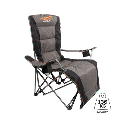 Wildtrak™ Hamelin Reclining Camp Chair Lounger, High-tensile Steel Frame, 2 Cup Holders, 2 Position, Weight Rated 136kg, Storage Pocket in Headrest for Carry Bag, Carry Bag with Shoulder Strap