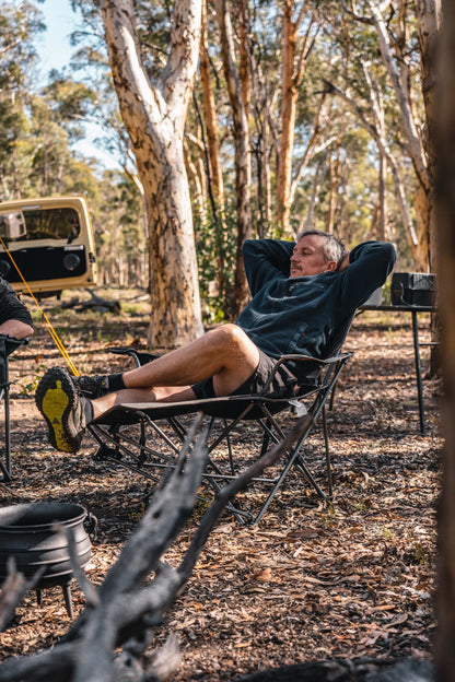 Wildtrak™ Hamelin Reclining Camp Chair Lounger, High-tensile Steel Frame, 2 Cup Holders, 2 Position, Weight Rated 136kg, Storage Pocket in Headrest for Carry Bag, Carry Bag with Shoulder Strap