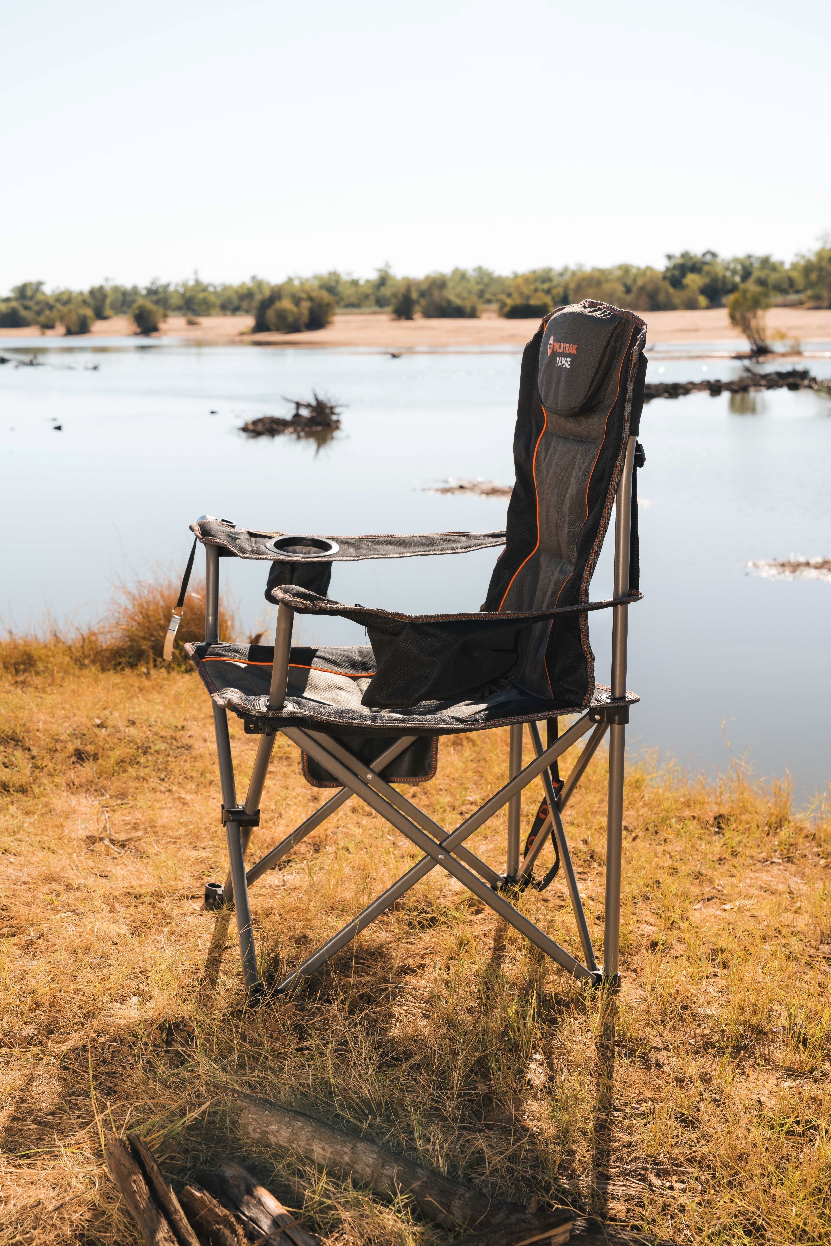 Wildtrak™ DELUXE Yardie Foldable Arm Chair with Shoulder Strap, Built-in Cooler Storage, Drink Holder, Wine Glass Holder
