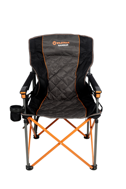 WILDTRAK™ Deluxe Nannup Foldable Camp Chair, Cushioned Seat & Back Rest, Wine Glass Holder, Media Storage Pocket, Adjustable Lumbar Support, Zippered Storage Pocket for Carry Bag with Shoulder Strap, Weight Rated 200kg Camping and Events