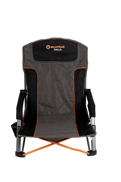 WILDTRAK™ Falls Event Foldable Camp Chair, Slight Recline, Cushioned Seat & Back Rest, High Back, Drink Holder, Media Storage Pocket, Padded Arms, Low Rise, Weight Rated 135kg, Carry Bag with Shoulder Strap