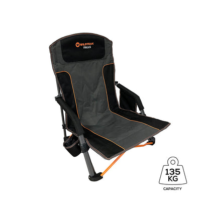 WILDTRAK™ Falls Event Foldable Camp Chair, Slight Recline, Cushioned Seat & Back Rest, High Back, Drink Holder, Media Storage Pocket, Padded Arms, Low Rise, Weight Rated 135kg, Carry Bag with Shoulder Strap