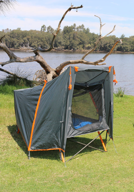 Wildtrak™ Easy Up Single Stretcher Tent, Powder Coated Steel Frame, Ultra-fine Mesh, Internal pockets, Ripstop Waterproof Fly, Heavy Duty Carry Bag with Handles (200x80x145cm)
