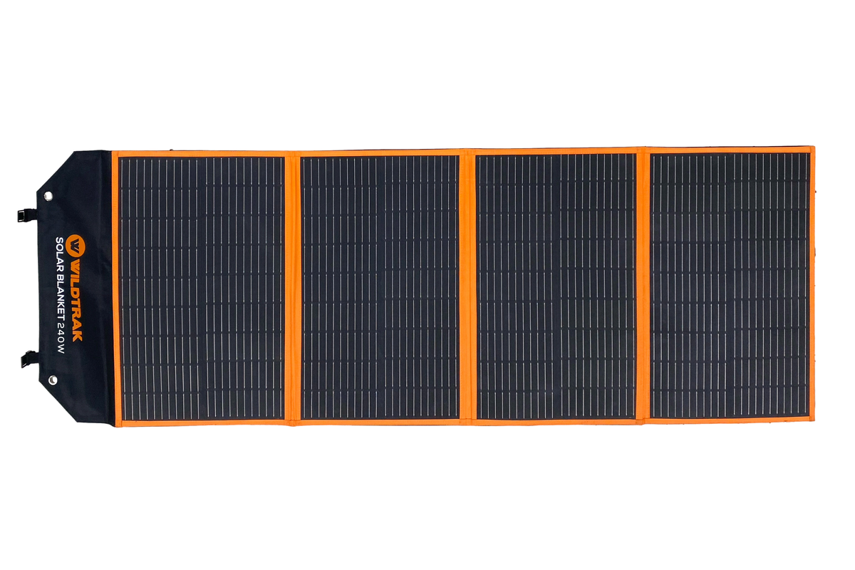 Wildtrak™ 240W Folding Solar Blanket (A-Grade with ETFE Coating, Built in Stand, IP65 Waterproof & Carry Bag) for Off-Grid Living, Camping, 4WD & Caravan Adventures