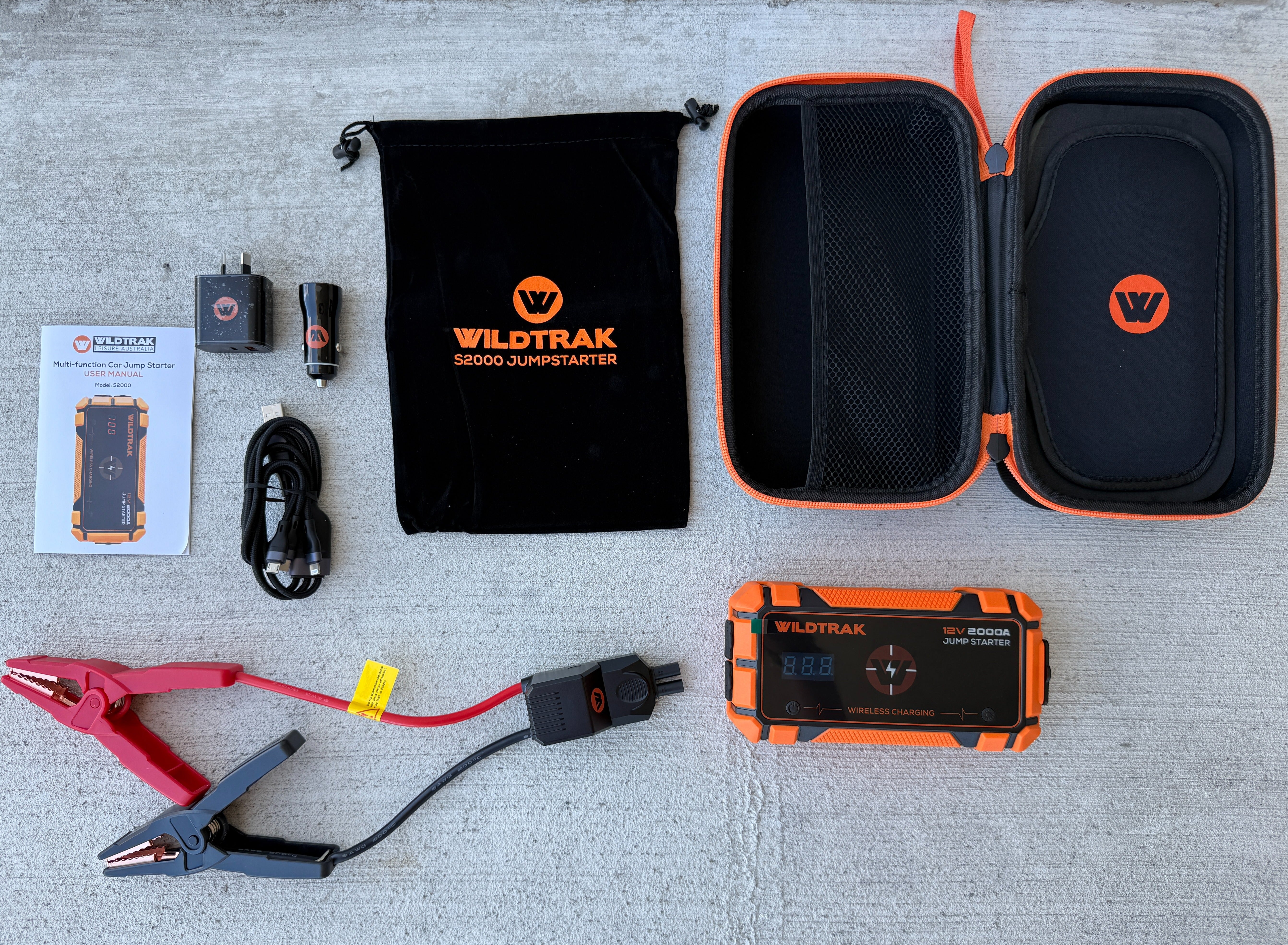 Wildtrak™ Heavy-Duty 2000A 16KMAH HP Lithium Car & 4WD Jump Starter Power Bank (Petrol & Diesel) with Case, USB C Port & Wireless Charging