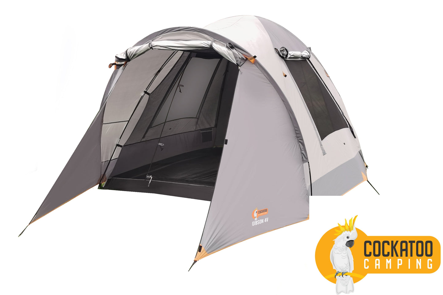 Cockatoo Camping™ 4Person Dome Tent, Ultrafine Inner Mesh, PU Silver Coated 1000mm Waterproof Fly, Large Windows, Includes Carry Bag with Handles (240 x 220cm with Vestibule Front & Rear)