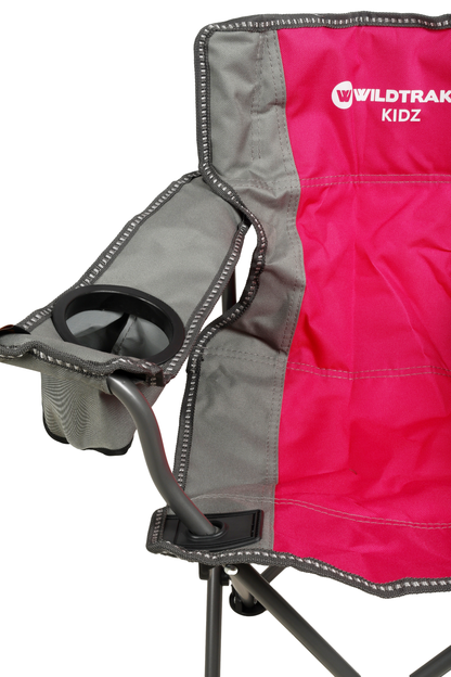 WILDTRAK™ KIDS Pink/Grey Foldable Camp Chair, Easy Clean Fabric, Drink Holder, Locking Device to Secure Legs into Place, Weight Rated 100kg, Carry Bag with Shoulder Strap