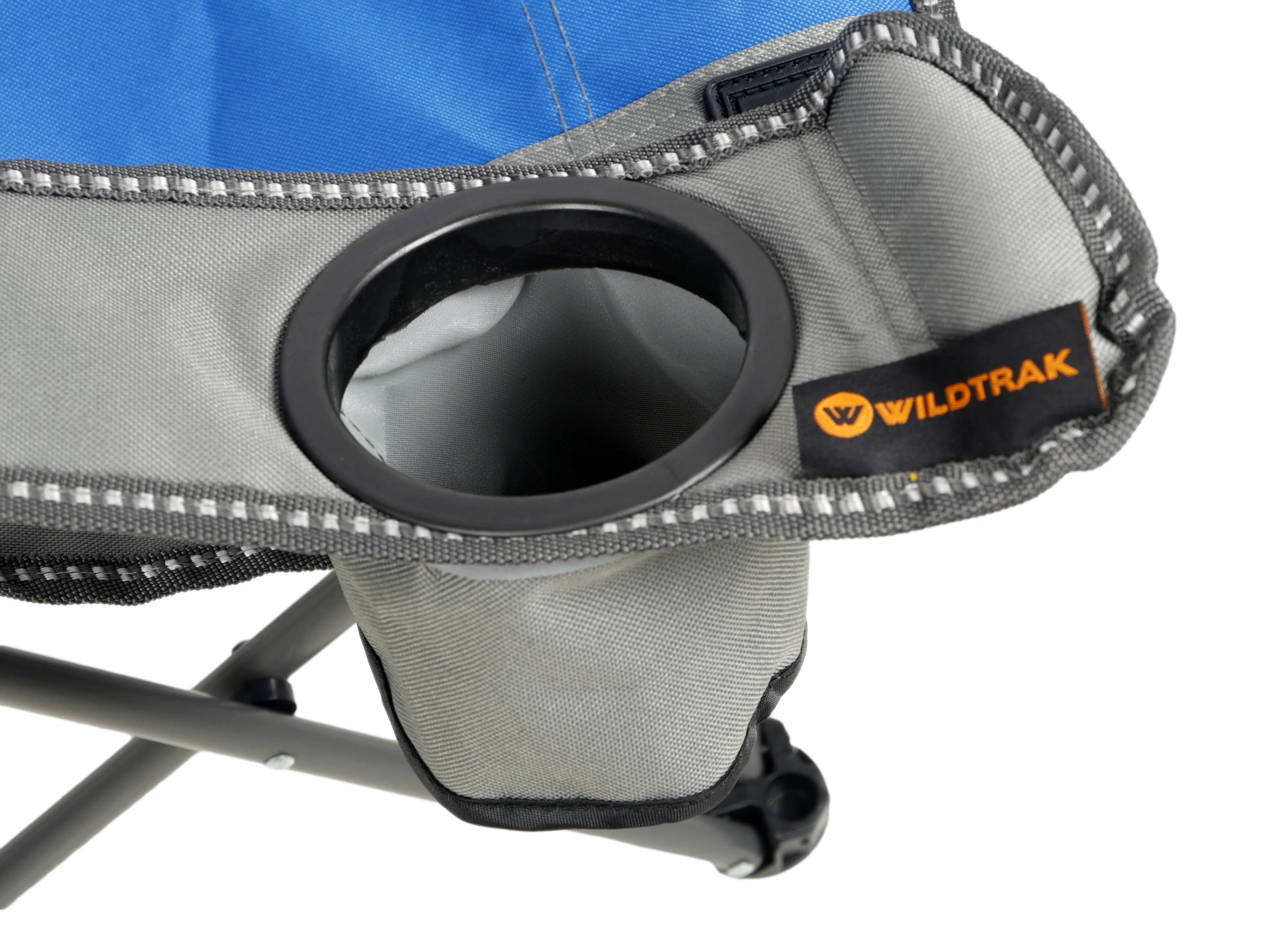 WILDTRAK™ KIDZ Blue/Grey Foldable Camp Chair, Easy Clean Fabric, Drink Holder, Weight Rated 100kg, Carry Bag with Shoulder Strap