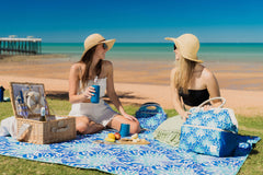 Good Vibes™ 2x2m Premium Picnic Mat Blanket, Waterproof Base, Carry Strap, Storage Pocket, 4 Ground Pegs - Peacock Paradise