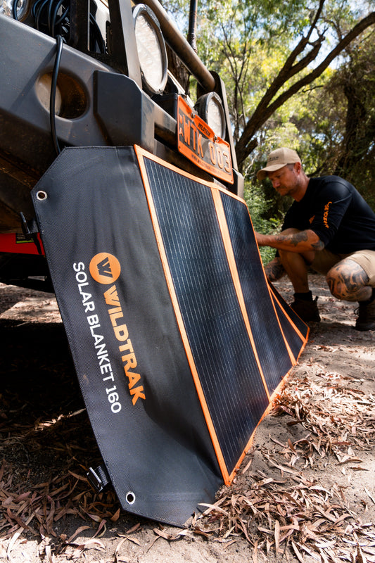 Wildtrak™ 160W Folding Solar Blanket (A-Grade with ETFE Coating, Built in Stand, IP65 Waterproof & Carry Bag) for Off-Grid Living, Camping, 4WD & Caravan Adventures