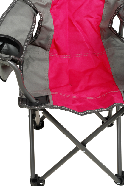 WILDTRAK™ KIDS Pink/Grey Foldable Camp Chair, Easy Clean Fabric, Drink Holder, Locking Device to Secure Legs into Place, Weight Rated 100kg, Carry Bag with Shoulder Strap
