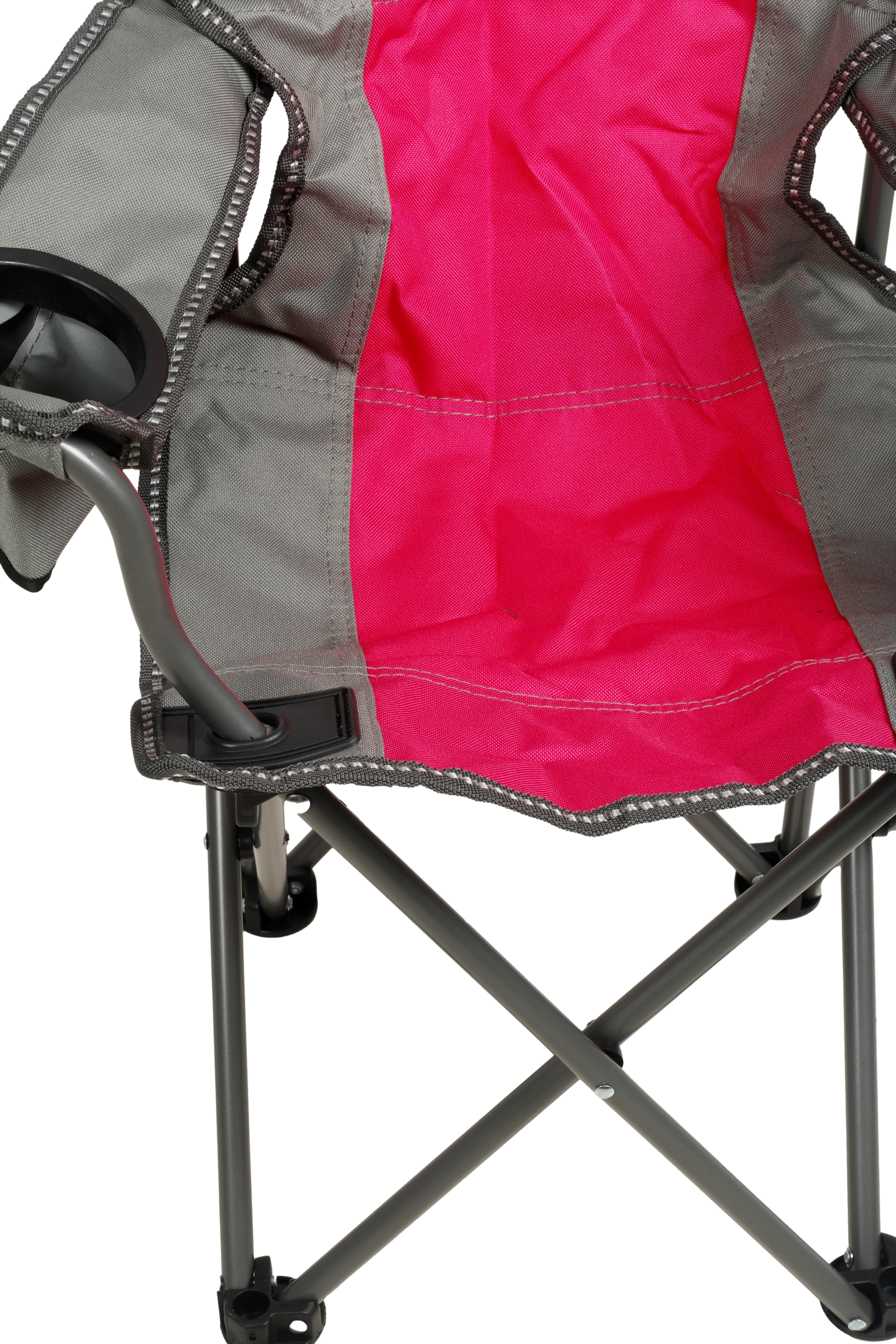 WILDTRAK™ KIDZ Pink/Grey Foldable Camp Chair, Easy Clean Fabric, Drink Holder, Locking Device to Secure Legs into Place, Weight Rated 100kg, Carry Bag with Shoulder Strap