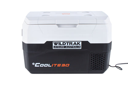 Wildtrak™ Coolite 30L Portable Fridge/Freezer, Simple Control Buttons, LED Lights, Fast Freezing, USB Charging, Quality Compressor, Low Noise, 4 Cup Blow Mould Top, 12/240V Power Leads,  Built-in Tie Down Points, Heavy Duty Transit Bag