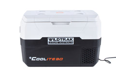 Wildtrak™ Coolite 30L Portable Fridge/Freezer, Simple Control Buttons, LED Lights, Fast Freezing, USB Charging, Quality Compressor, Low Noise, 4 Cup Blow Mould Top, 12/240V Power Leads,  Built-in Tie Down Points, Heavy Duty Transit Bag