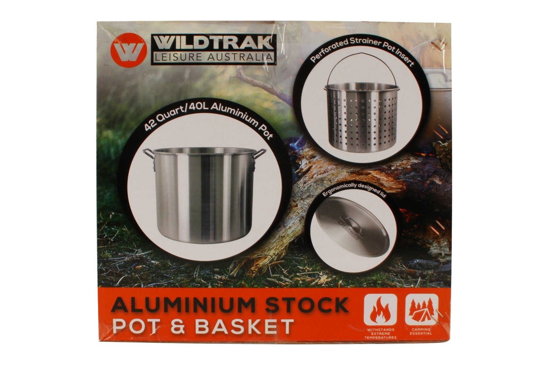40L ALUMINIUM STOCKPOT WITH BASKET, HANDLES, LID AND STRAINER