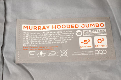 Wildtrak™ Murray Jumbo Hooded Sleeping Bag, 0-5°C, Breathable Lining, Ripstop Fabric, Auto Lock Zips, Sewn-in Storage Pocket, Hanging Loop, Storage Bag, 90x240cm